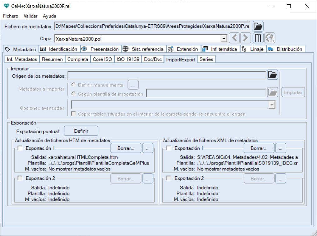 Subpesta�a de importaci�n y exportaci�n de metadatos