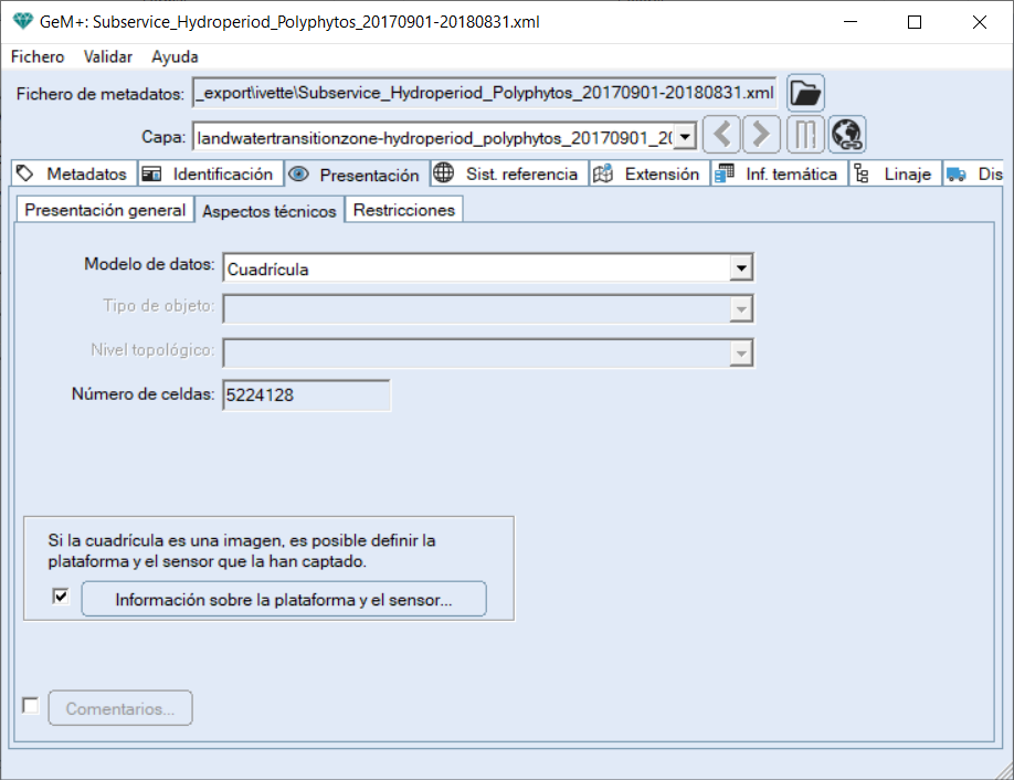 Pesta�a de aspectos t�cnicos de un XML de una capa raster