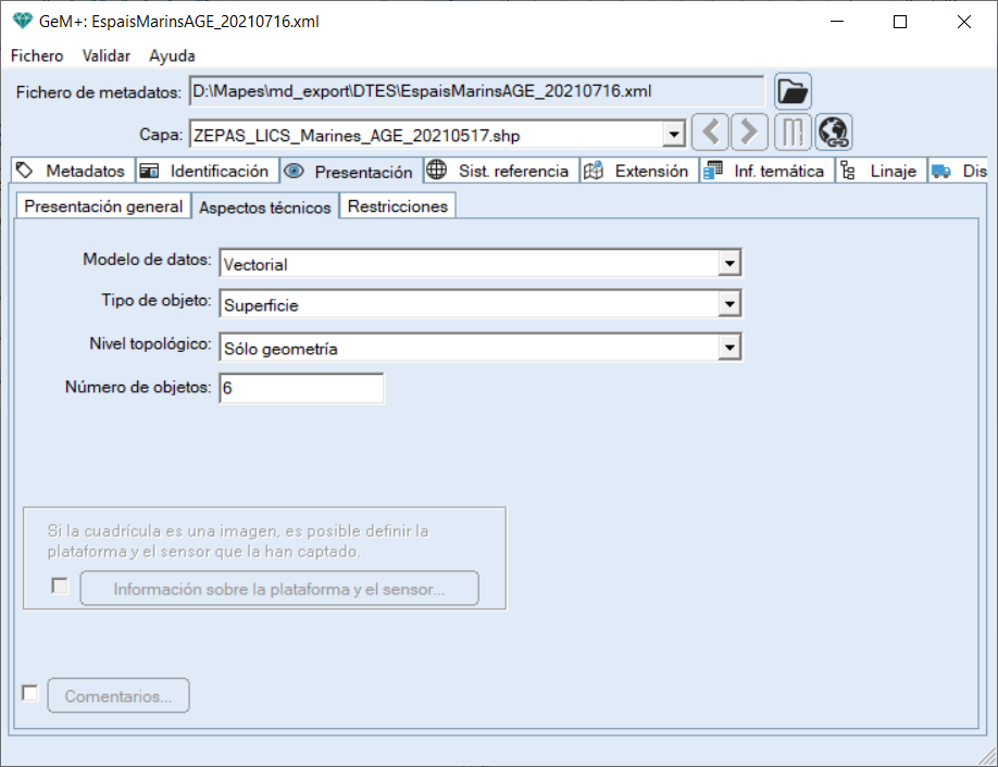 Pesta�a de aspectos t�cnicos de un XML de una capa vectorial